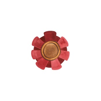 A gold plated medal with a red ribbon border for the winner of a competition or exhibition. Symbol of good luck and achievement, prize, reward. Isolated watercolor illustration on white background. Clipart.