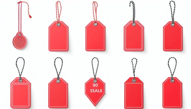 A collection of red tags featuring various shapes and sizes displayed prominently on a crisp white background
