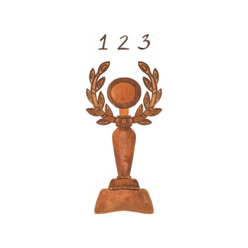 A set of shiny cup and numbers for first, second and third places. Awards for the winner of the competition. Symbol of success, good luck and achievements. Isolated watercolor illustration on white background. Clipart.