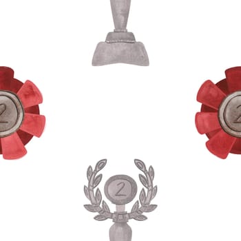 Competition winner prize: seamless pattern with sparkling cups and medals. Design of the award ceremony in watercolor