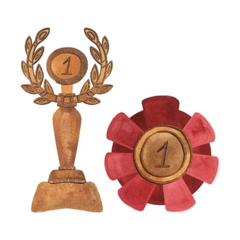 A set of gold awards for the winner in first place: a cup and a medal. Isolated watercolor illustration on white background. Clipart.