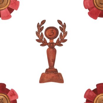 Competition winner prize: seamless pattern with sparkling cups and medals. Design of the award ceremony in watercolor