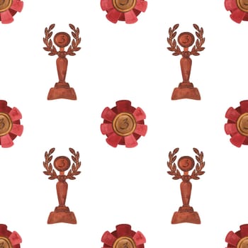 Competition winner prize: seamless pattern with sparkling cups and medals. Design of the award ceremony in watercolor