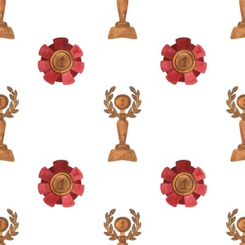 Competition winner prize: seamless pattern with sparkling cups and medals. Design of the award ceremony in watercolor