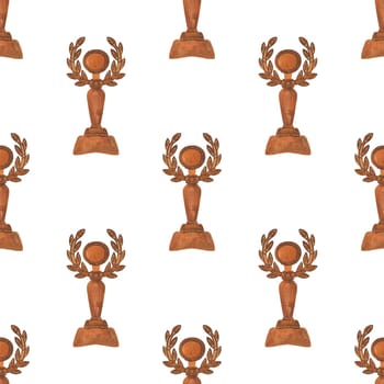 Competition winner prize: seamless pattern with sparkling cups and medals. Design of the award ceremony in watercolor