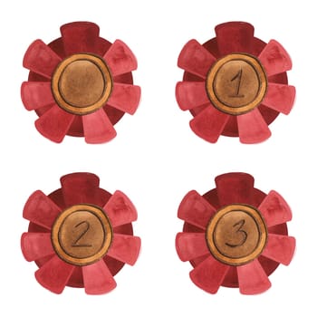 A gold plated medal with a red ribbon border for the winner of a competition or exhibition. Symbol of good luck and achievement, prize, reward. Isolated watercolor illustration on white background. Clipart.