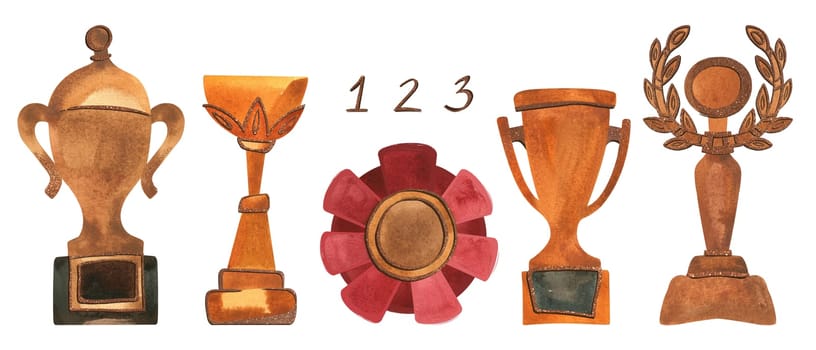 A set of awards for the winner of the competition: cups and medals. Symbols of victory, success, luck, achievements. Isolated watercolor illustration on white background. Clipart.