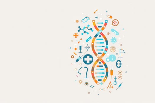 A double helix DNA strand is surrounded by various medical icons, including microscopes, test tubes, and stethoscopes, symbolizing advancements in healthcare.