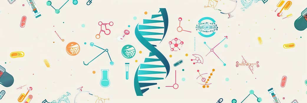 A double helix DNA strand is surrounded by various medical icons like microscopes and test tubes, representing the intersection of genetics and healthcare.