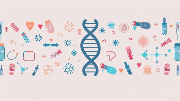 A double helix DNA strand is centrally displayed amidst various medical icons, symbolizing the integration of genetics and healthcare.