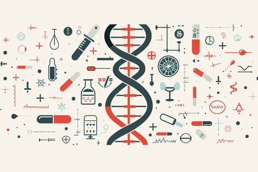 A double helix DNA strand is central, surrounded by various medical icons like microscopes, test tubes, and stethoscopes representing scientific research.