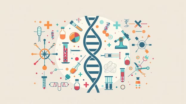 A double helix DNA strand is illustrated amid various medical icons representing scientific research tools and healthcare instruments.