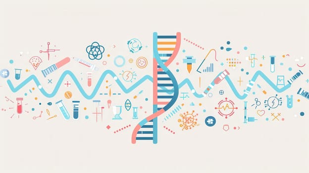 A vibrant double helix DNA strand is depicted alongside various medical icons, including microscopes, test tubes, and stethoscopes, symbolizing research and healthcare.