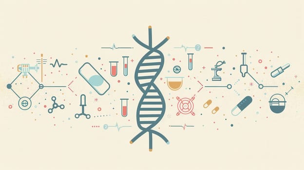 A double helix DNA strand is encircled by medical symbols like microscopes, test tubes, and stethoscopes, showcasing advancements in health science and research.