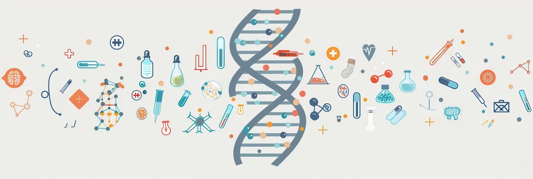 A double helix DNA strand is surrounded by various medical icons, showcasing the connection between genetics and healthcare tools in a scientific context.