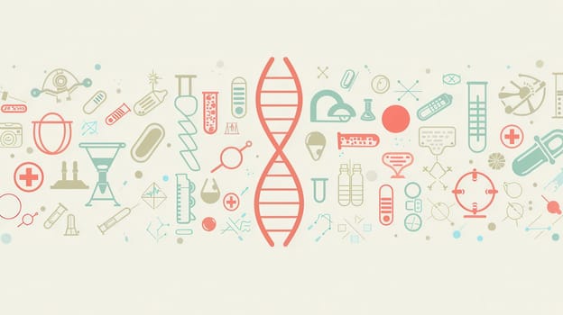 A double helix DNA strand is prominently displayed, encompassed by medical icons including microscopes, test tubes, and stethoscopes, symbolizing research.