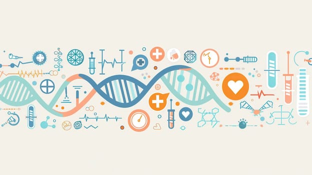A double helix DNA strand is featured with medical icons like microscopes and test tubes, highlighting themes of science and healthcare innovation.
