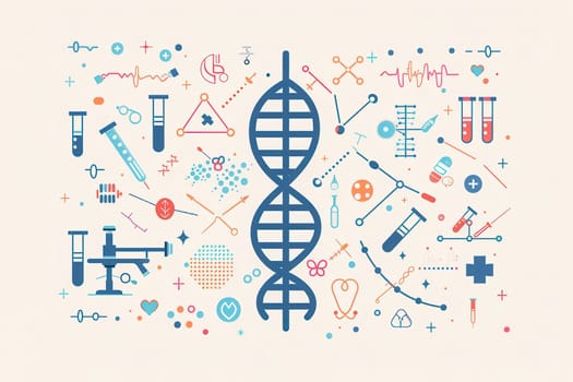 A double helix DNA strand is surrounded by various medical icons, illustrating the integration of genetics and healthcare tools in modern research.