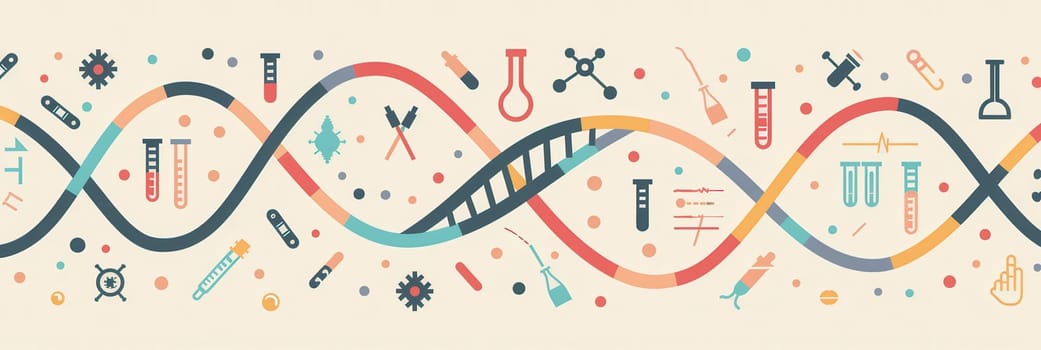 A double helix DNA strand is surrounded by various medical icons representing laboratory and research equipment in a vibrant setting.