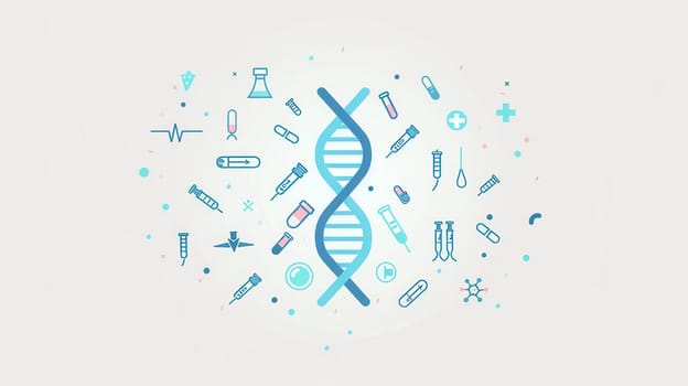 A double helix DNA strand is surrounded by various medical icons, including microscopes, test tubes, and stethoscopes, highlighting the connection between genetics and healthcare.