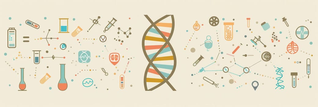 A double helix DNA strand is illustrated with various medical tools like microscopes and test tubes, symbolizing scientific exploration in genetics.