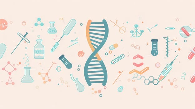 A double helix DNA strand is highlighted, surrounded by various medical icons representing research tools and health care elements.
