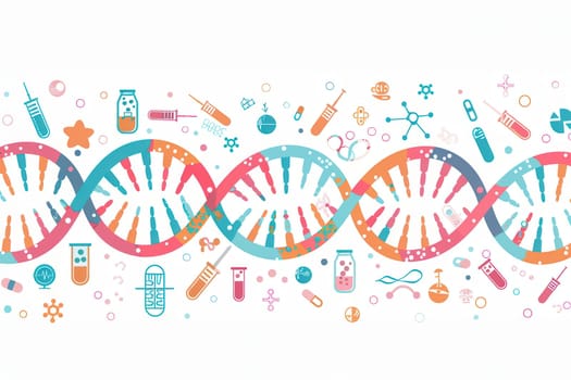 A colorful double helix DNA strand is surrounded by various medical icons like microscopes, test tubes, and stethoscopes symbolizing scientific progress in healthcare.