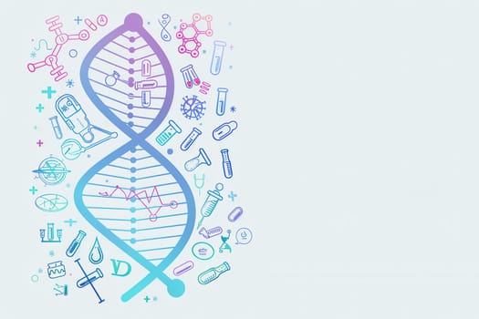 A double helix DNA strand is encircled by various medical icons like microscopes, test tubes, and stethoscopes, symbolizing the intersection of biology and medicine.