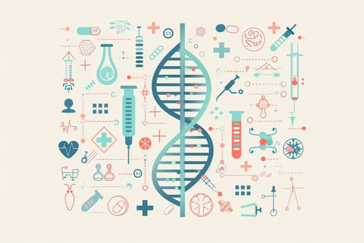 A double helix DNA strand is surrounded by medical icons like microscopes, test tubes, and stethoscopes, illustrating the synergy of genetics and healthcare.