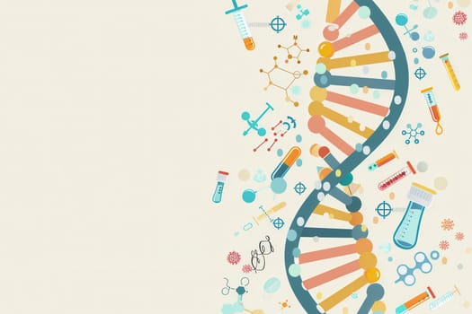 A double helix DNA strand is surrounded by medical icons like microscopes, test tubes, and stethoscopes, illustrating the connection between genetics and medicine.