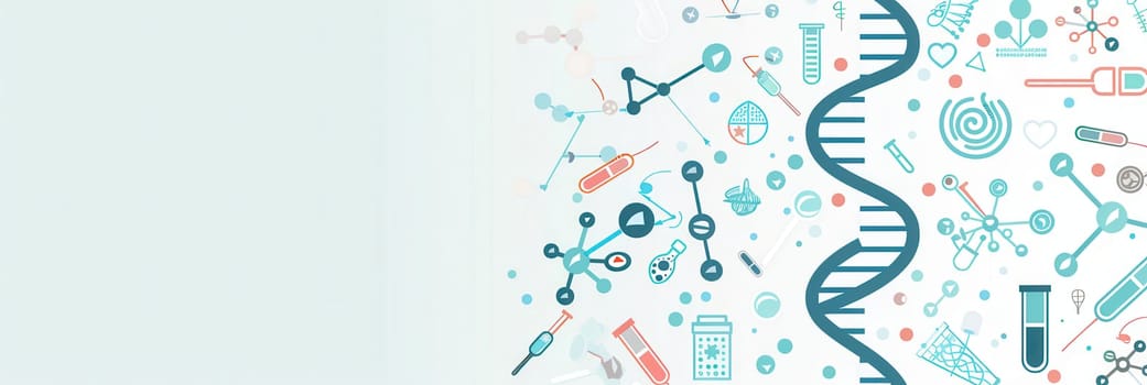 A double helix DNA strand is presented with various medical icons, illustrating the integration of biotechnology and health research.