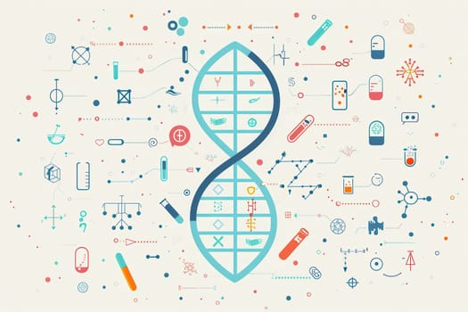 A double helix DNA strand is surrounded by various medical icons symbolizing research and diagnostics.