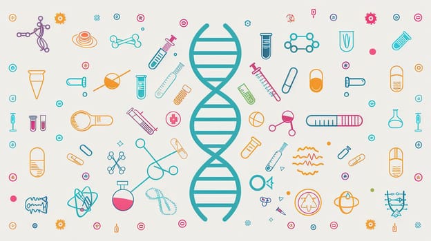 A double helix DNA strand is surrounded by various medical symbols, including microscopes, test tubes, and stethoscopes, highlighting the fusion of biology and medicine.