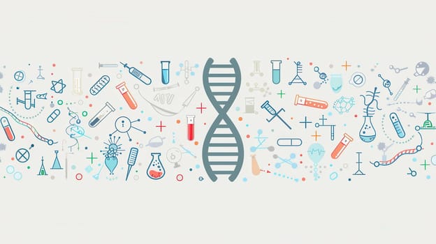 A double helix DNA strand is surrounded by various medical icons representing key elements of research and healthcare.
