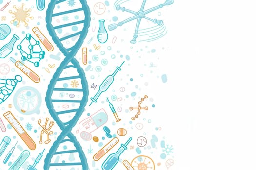 A double helix DNA strand is surrounded by various medical icons, including microscopes, test tubes, and stethoscopes, illustrating advances in health sciences.