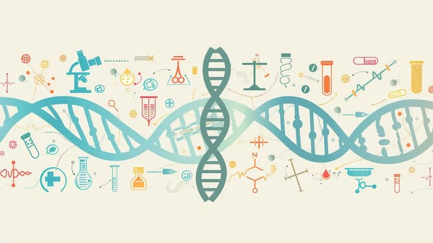 DNA strand is illustrated with medical icons like microscopes, test tubes, and stethoscopes reflecting the advancements in health and medical research.