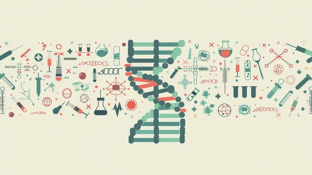 A double helix DNA strand is illustrated with various medical icons like microscopes, test tubes, and stethoscopes, showcasing advancements in healthcare.