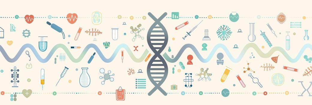 A double helix DNA strand is depicted at the center, surrounded by medical icons, including microscopes, test tubes, and stethoscopes, representing genetic research.