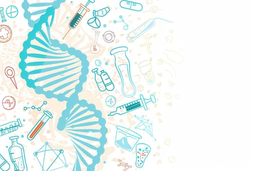 Double helix DNA strand interacts with medical icons like microscopes and test tubes, representing the intersection of genetics and healthcare.