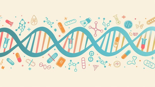 A double helix DNA strand is interwoven with various medical icons, including microscopes, test tubes, and stethoscopes, showcasing a blend of science and health.