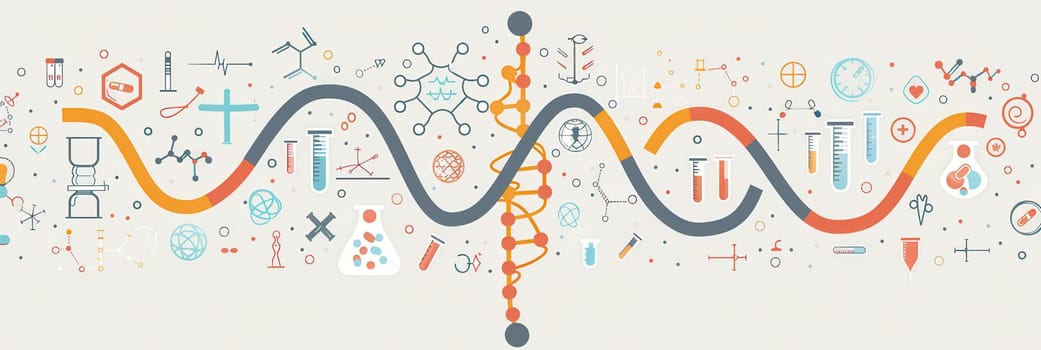 A double helix DNA strand is surrounded by various medical icons, including microscopes, test tubes, and stethoscopes, showcasing the connection between genetics and healthcare.