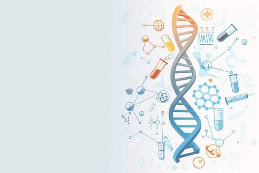 A double helix DNA strand is illustrated with various medical symbols like microscopes, test tubes, and stethoscopes, representing scientific research and healthcare.