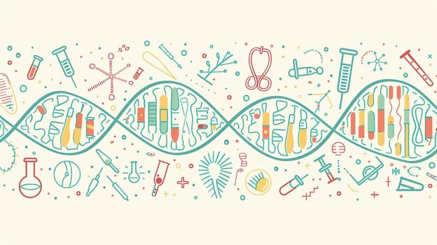 A double helix DNA strand is surrounded by various medical icons representing scientific research and healthcare advancements.