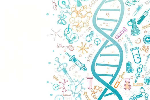 A double helix DNA strand is surrounded by various medical icons, including microscopes, test tubes, and stethoscopes, highlighting themes of health and science.
