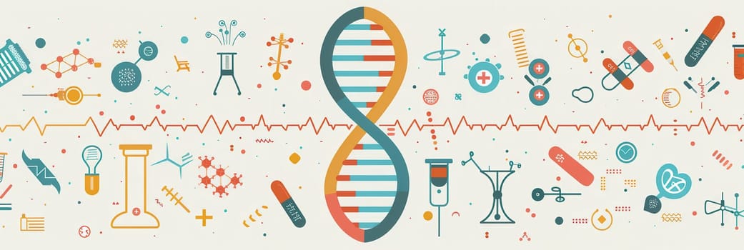 A double helix DNA strand is surrounded by medical icons including microscopes, test tubes, and stethoscopes representing advancements in genetic research.