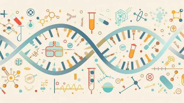 A double helix DNA strand is surrounded by medical icons, including microscopes, test tubes, and stethoscopes, showcasing the intersection of biology and medicine.
