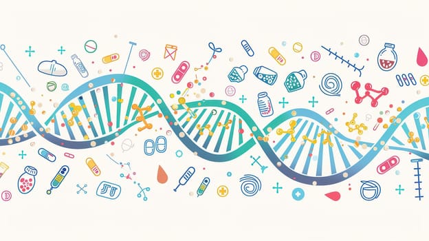A colorful double helix DNA strand is surrounded by various medical icons, representing the connection between genetics and healthcare advancements.