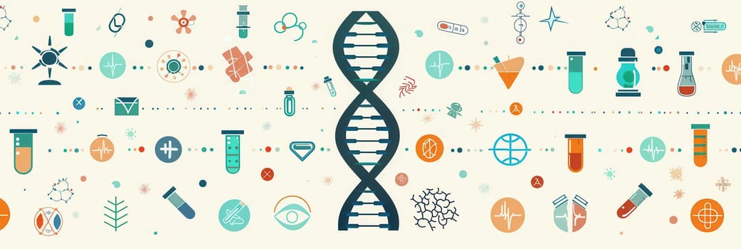 A double helix DNA strand is prominently displayed, surrounded by various medical icons like microscopes, test tubes, and stethoscopes.