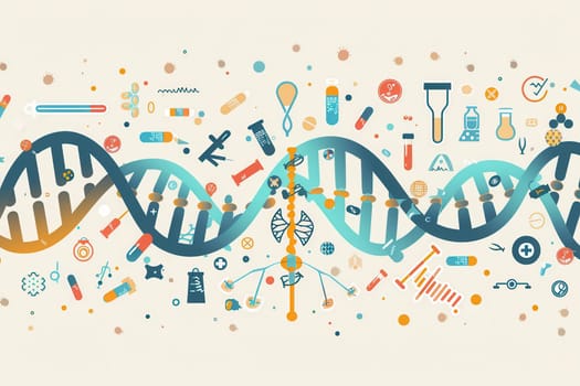 A double helix DNA strand is illustrated with various medical icons, symbolizing advancements in science and healthcare.