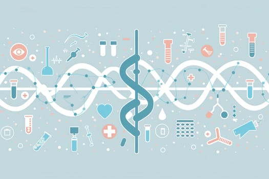 A double helix DNA strand is surrounded by various medical icons including microscopes, test tubes, and stethoscopes, highlighting the fusion of science and healthcare.